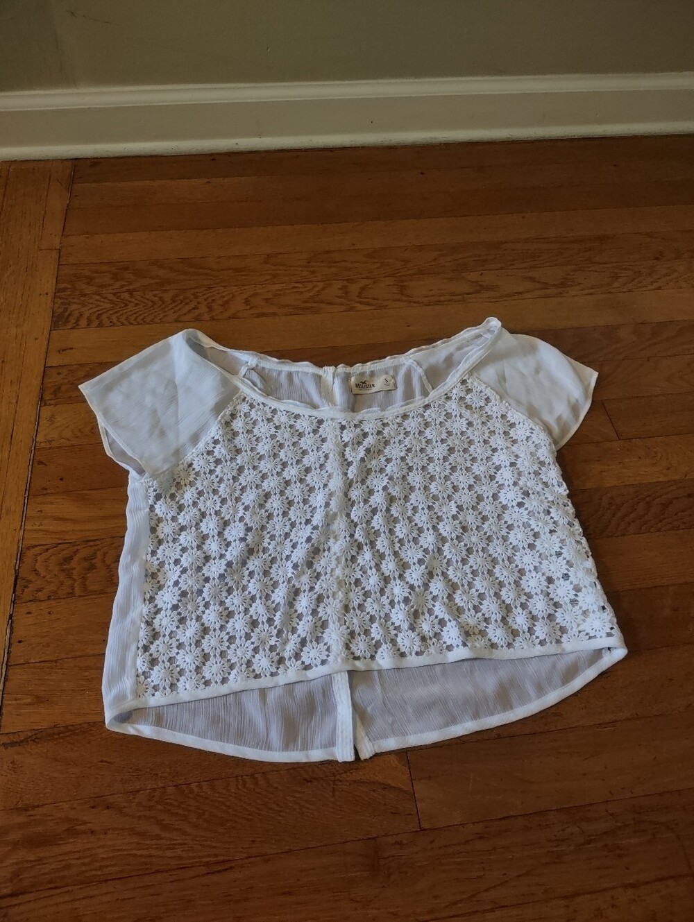 hollister crochet lace front floral blouse sheer back button up boho small